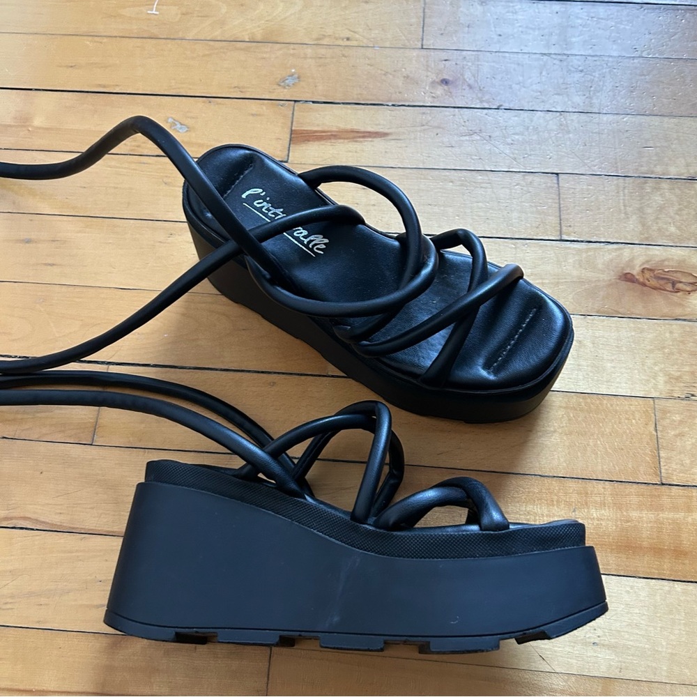 L’Intervalle Sz 8.5 (39) Chunky Black Leather Platform Ankle Tie Sandals